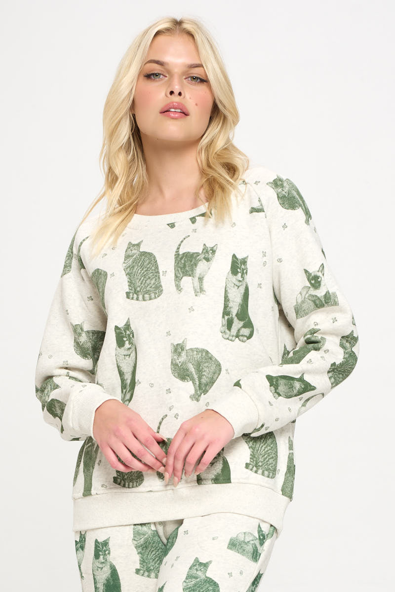 Green All Over Cat Print Sweatshirt