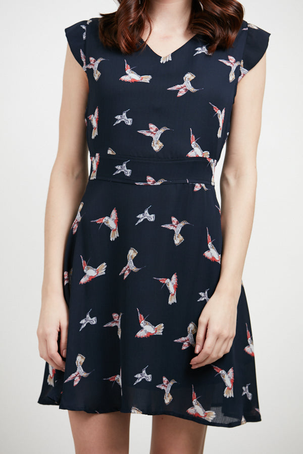 Hummingbird All Over Print Cap Sleeves Dress