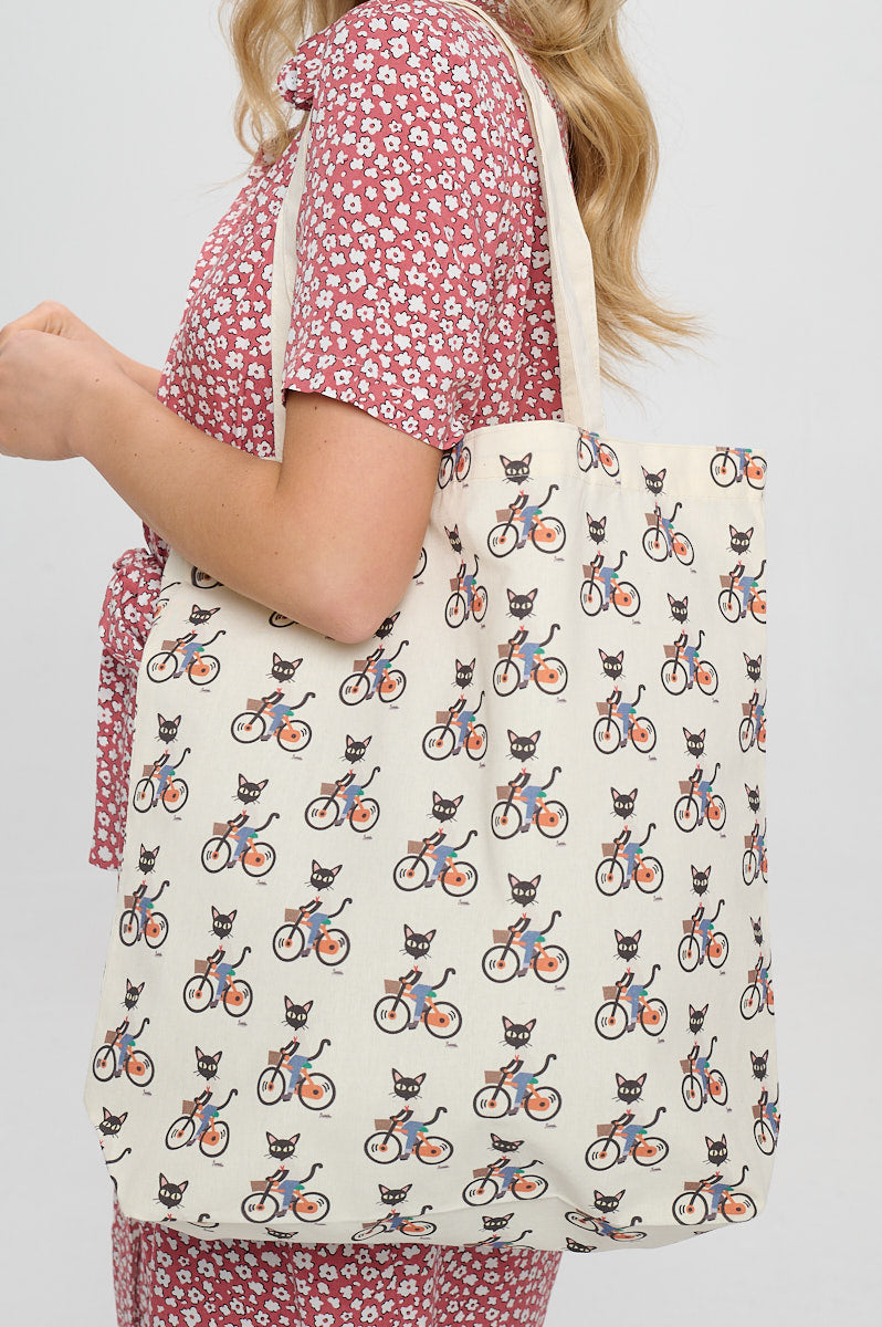 Kitty Riding Bikes All Over Print Reusable Tote Bag
