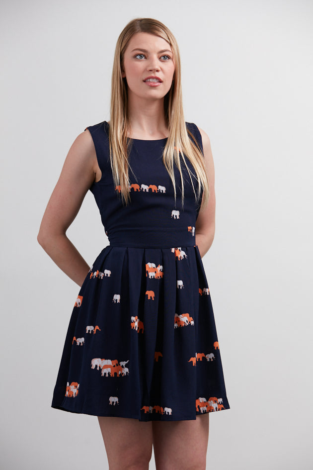 Elephant All Over Print Round Neckline Navy Dress