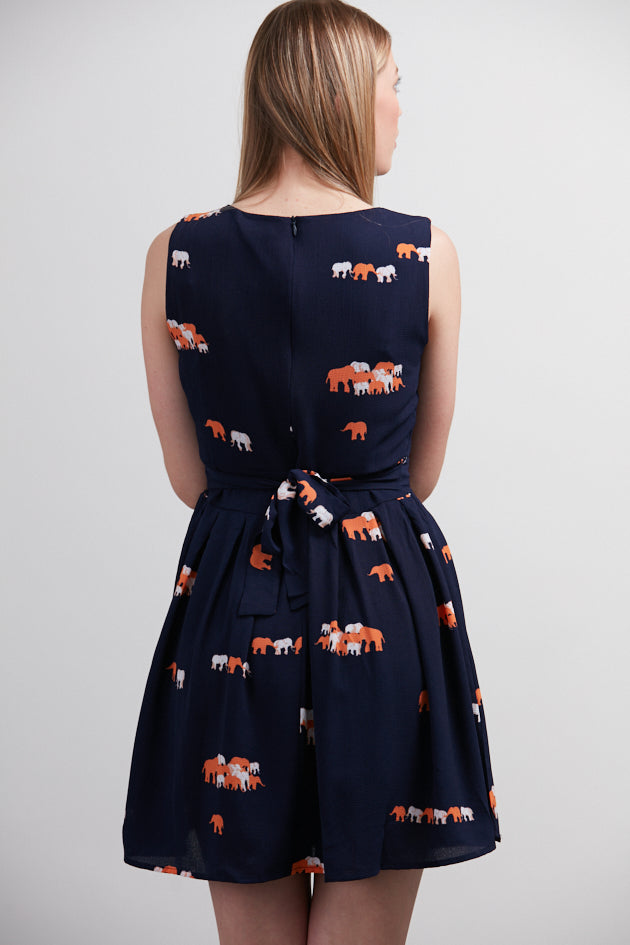 Elephant All Over Print Round Neckline Navy Dress