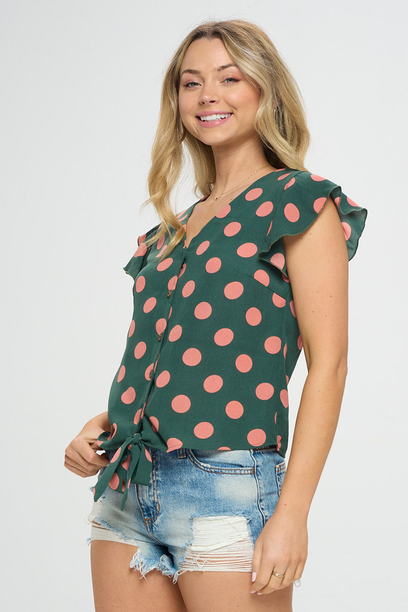 Polka Dot All Over Print Button Up Blouse