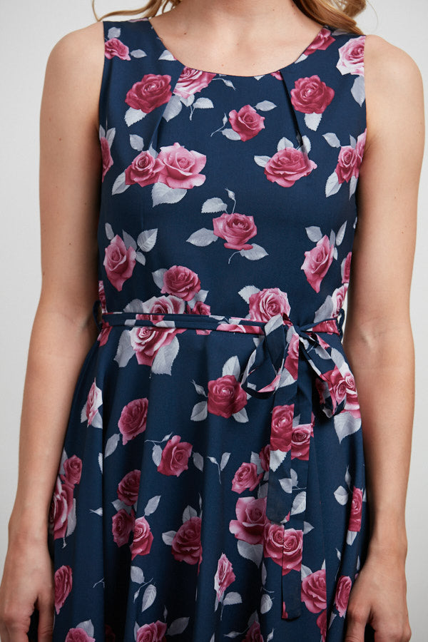 Pink Roses Print A-Line Dress