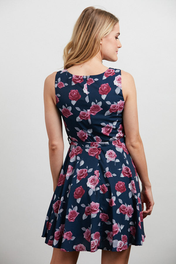 Pink Roses Print A-Line Dress