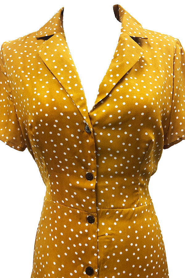 Polka Dot Collared Neckline Button Front Retro Dress