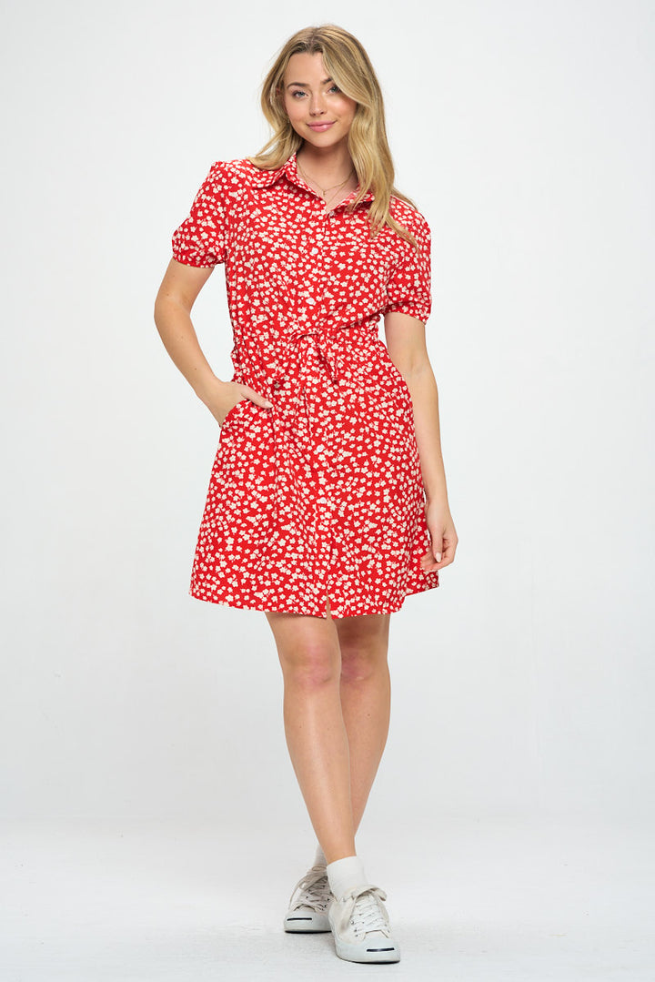 Red Poppy All Over Print Button Front Shirt Dress