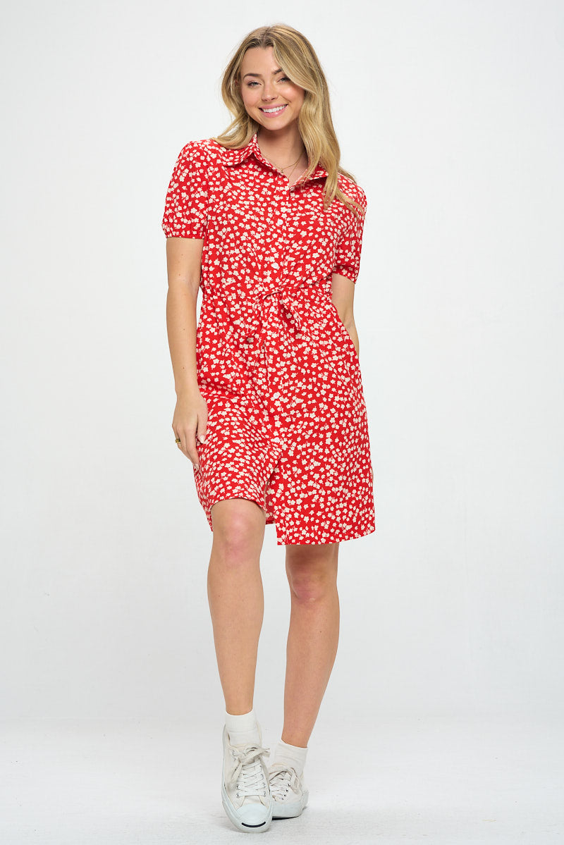 Red Poppy All Over Print Button Front Shirt Dress