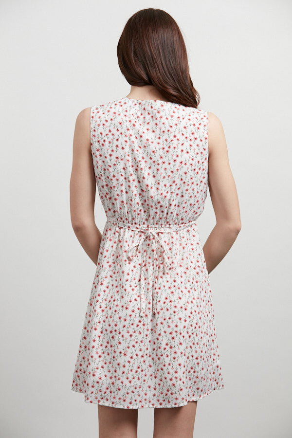 Red Tiny Floral Print Button Up White Dress