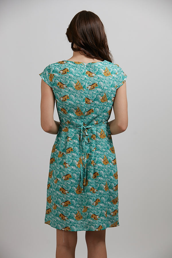 Sloth on Branches Print Green Dress