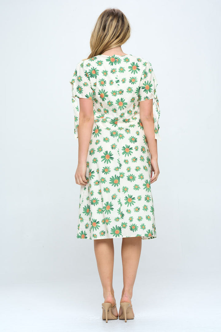 Sunflower Print V-Neck with Sleeve Tie Dress