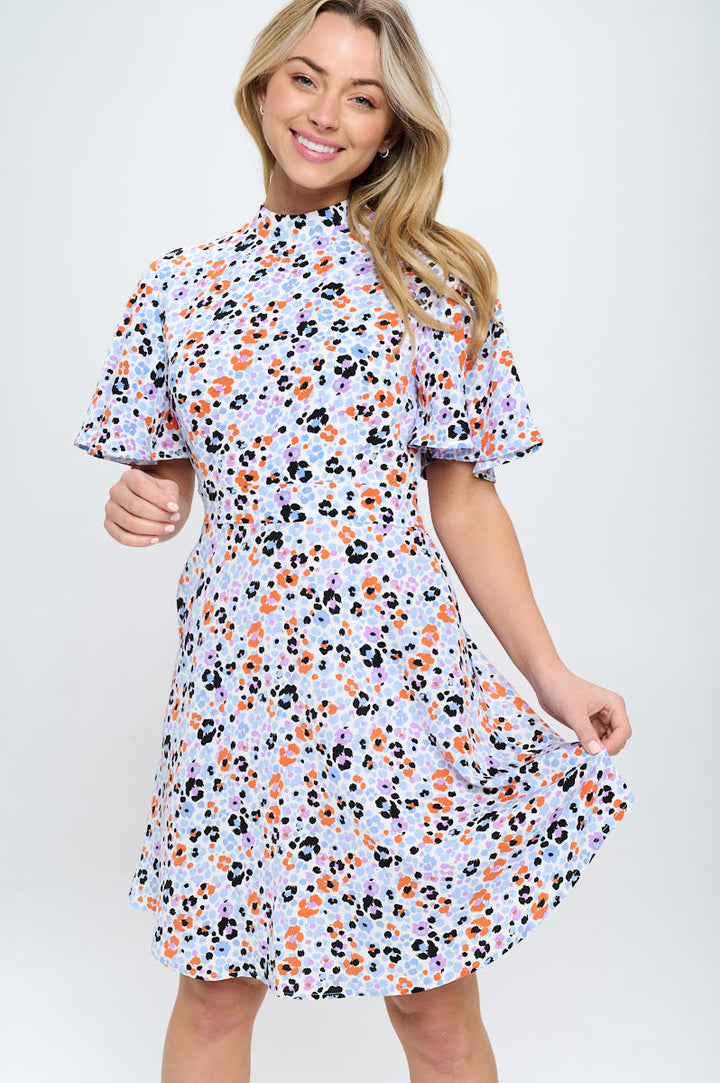 Floral Print Dress with Flutter Sleeves