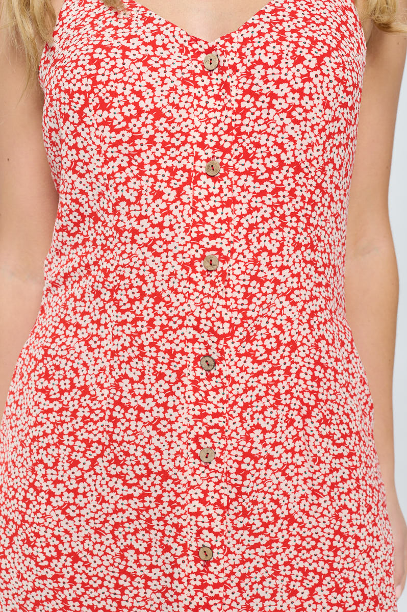 Floral Print Red Dress with Spaghetti Straps