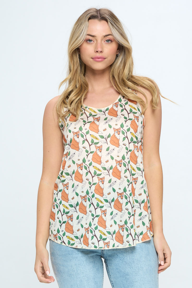 Fox and Floral All Over Print Relaxed Fit Tank Top