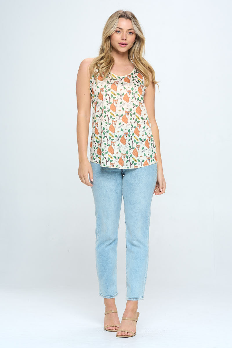 Fox and Floral All Over Print Relaxed Fit Tank Top