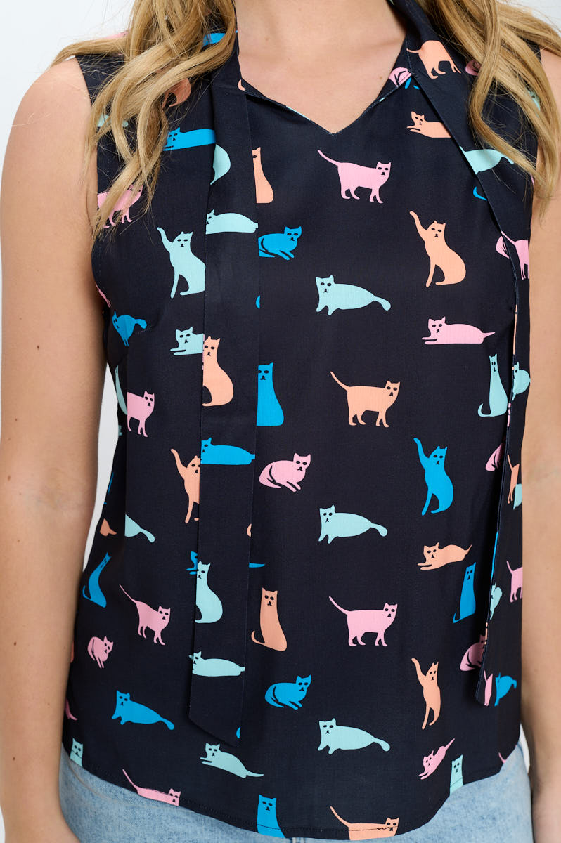 Cat All Over Print V-Neckline Blouse