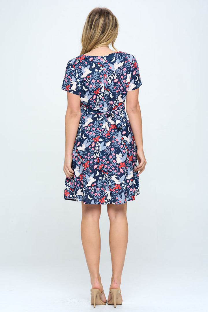 Bunny and Floral Print Dress with Pockets