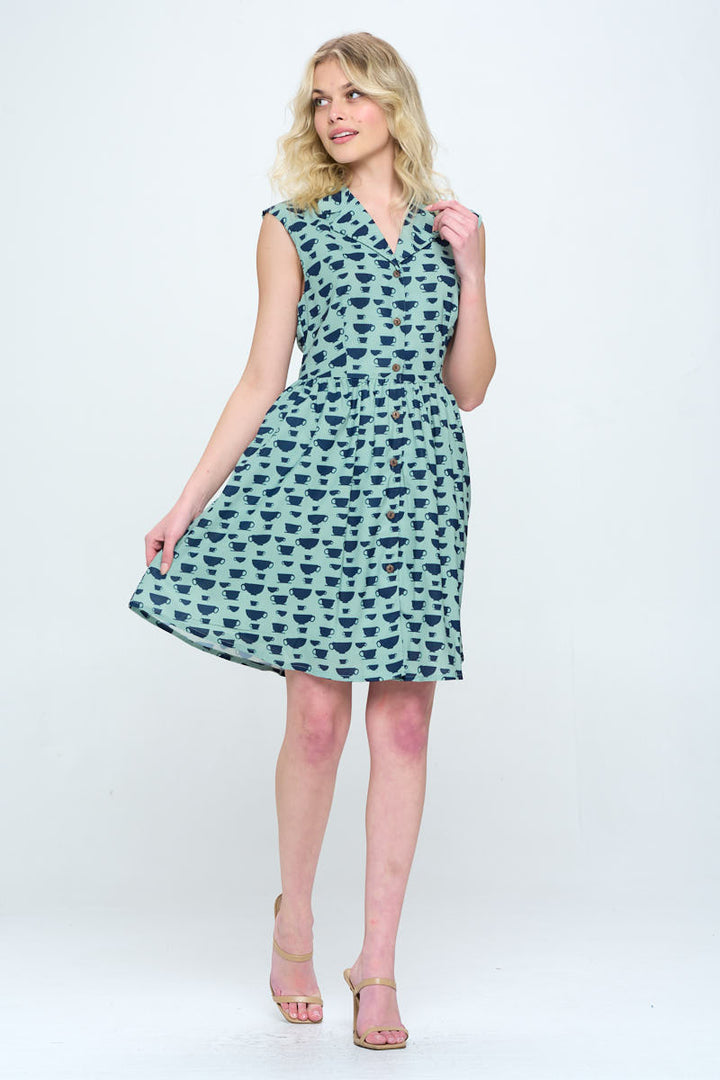 Tea Cup All Over Print V-Neckline Dress