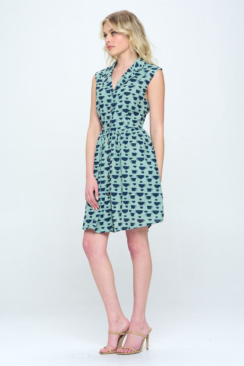 Tea Cup All Over Print V-Neckline Dress