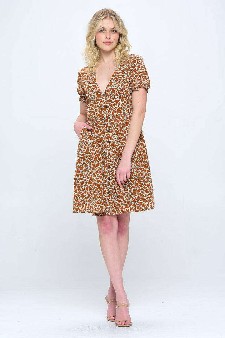 Heart Print Button Front Dress with Pockets