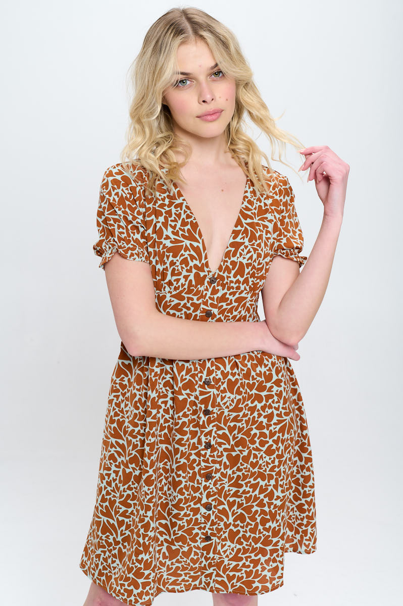 Heart Print Button Front Dress with Pockets