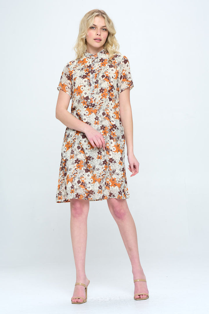 Brown Floral Print Dress with Pockets