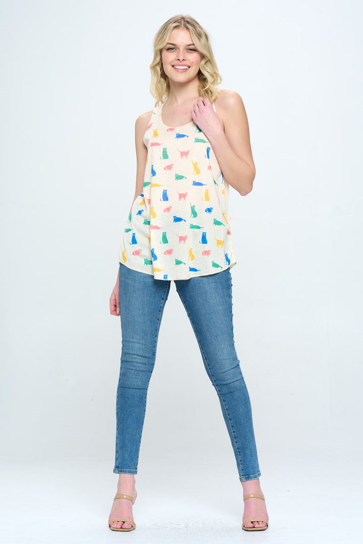 Cat All Over Print Multicolored Relaxed Fit Tank Top