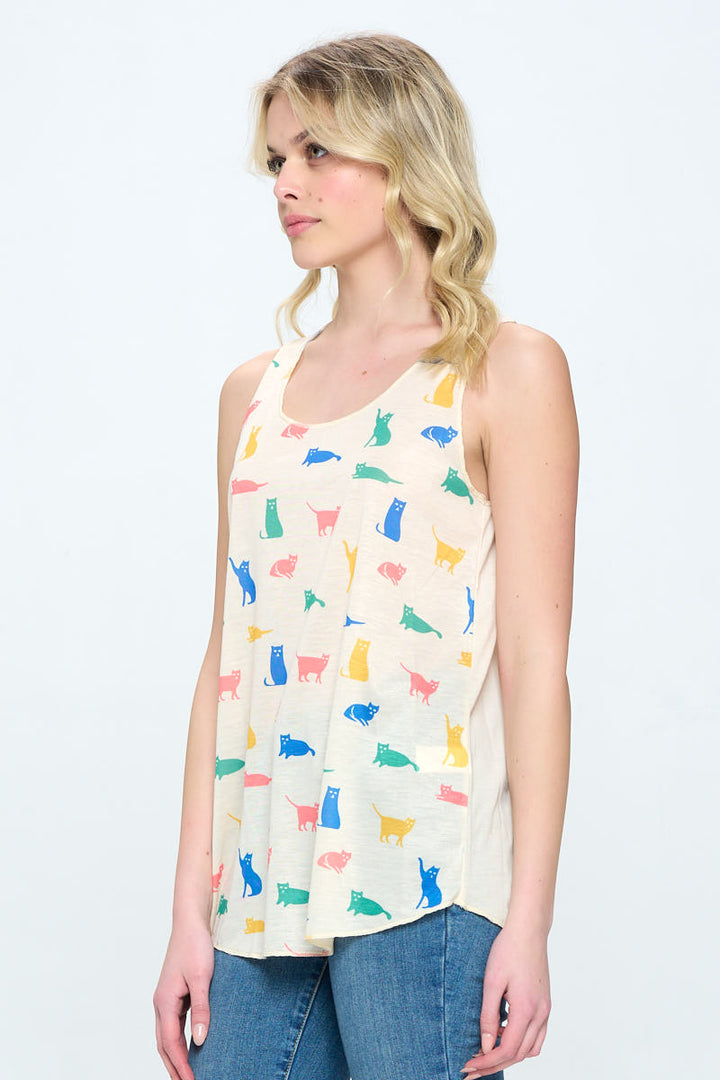 Cat All Over Print Multicolored Relaxed Fit Tank Top