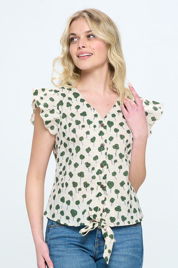 Green Floral All Over Print Button Up Blouse