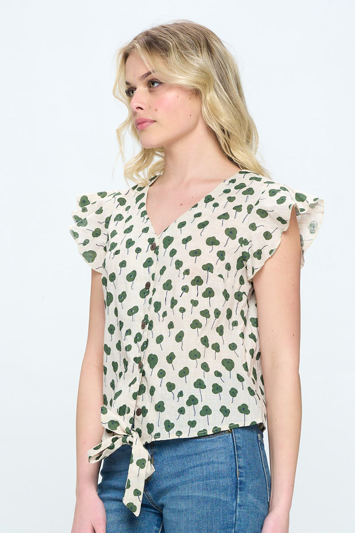 Green Floral All Over Print Button Up Blouse