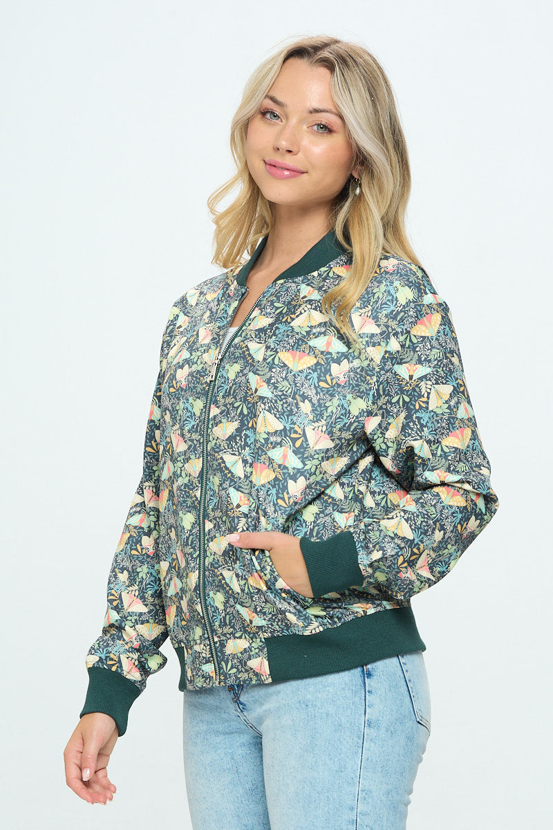 Moth and Floral Print Bomber Jacket