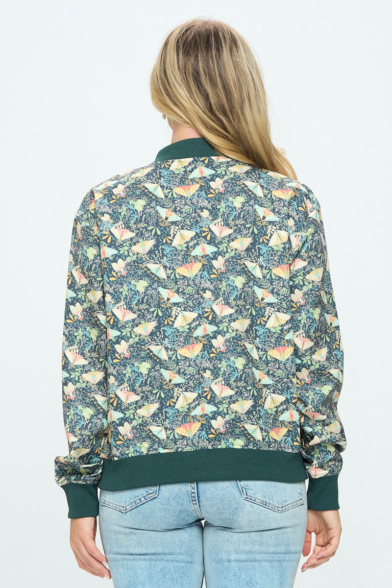 Moth and Floral Print Bomber Jacket
