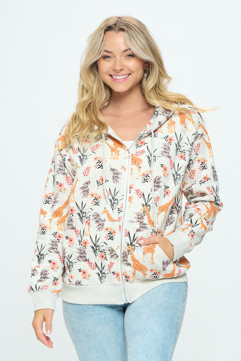 Giraffe and Floral Print Zip Up Hoodie