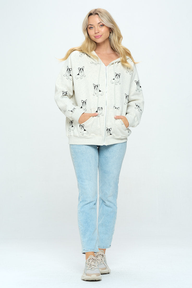 Frenchie All Over Print Zip Up Hoodie