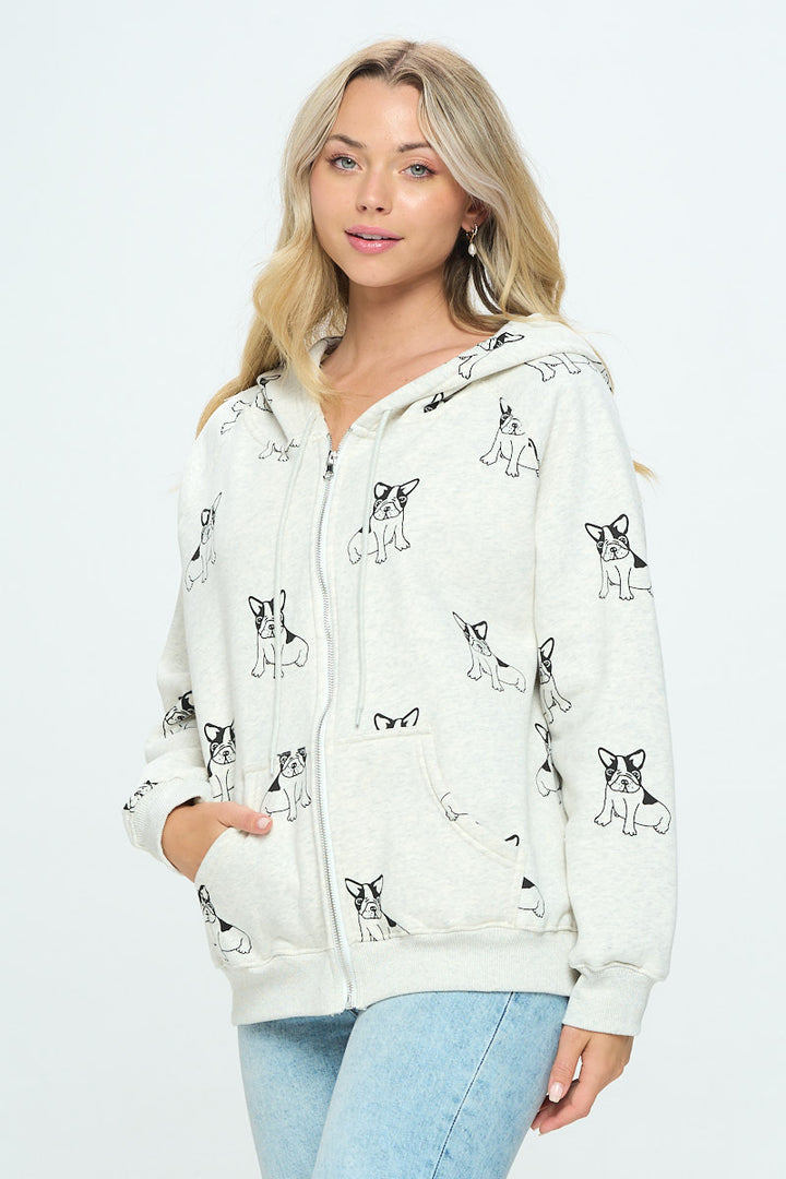 Frenchie All Over Print Zip Up Hoodie