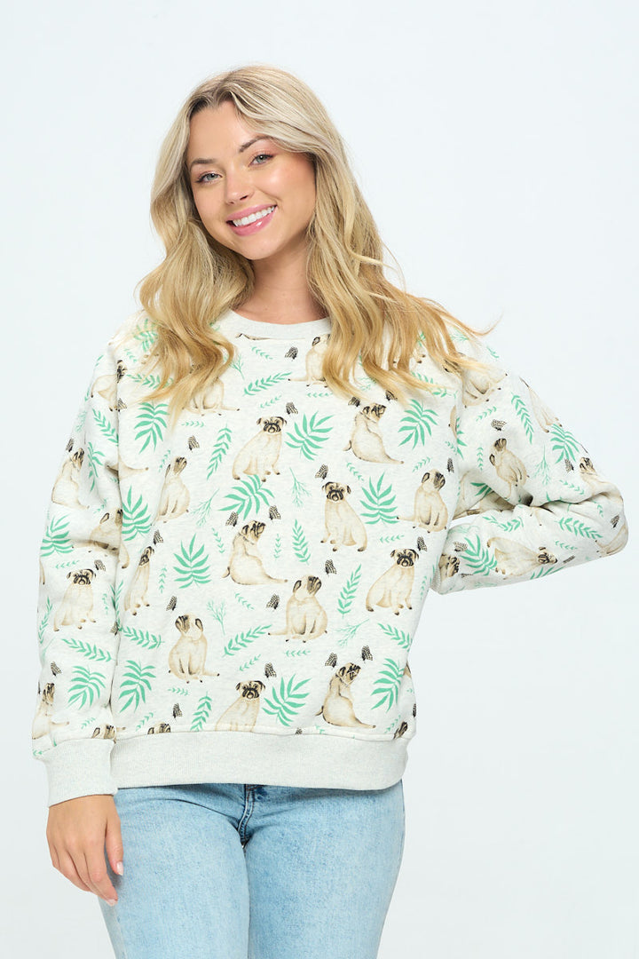 Pug and Palm Print Crew Neck Sweatshirt