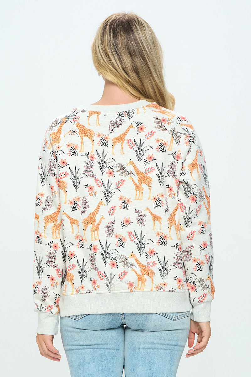 Giraffe and Floral Print Crew Neck Sweatshirt