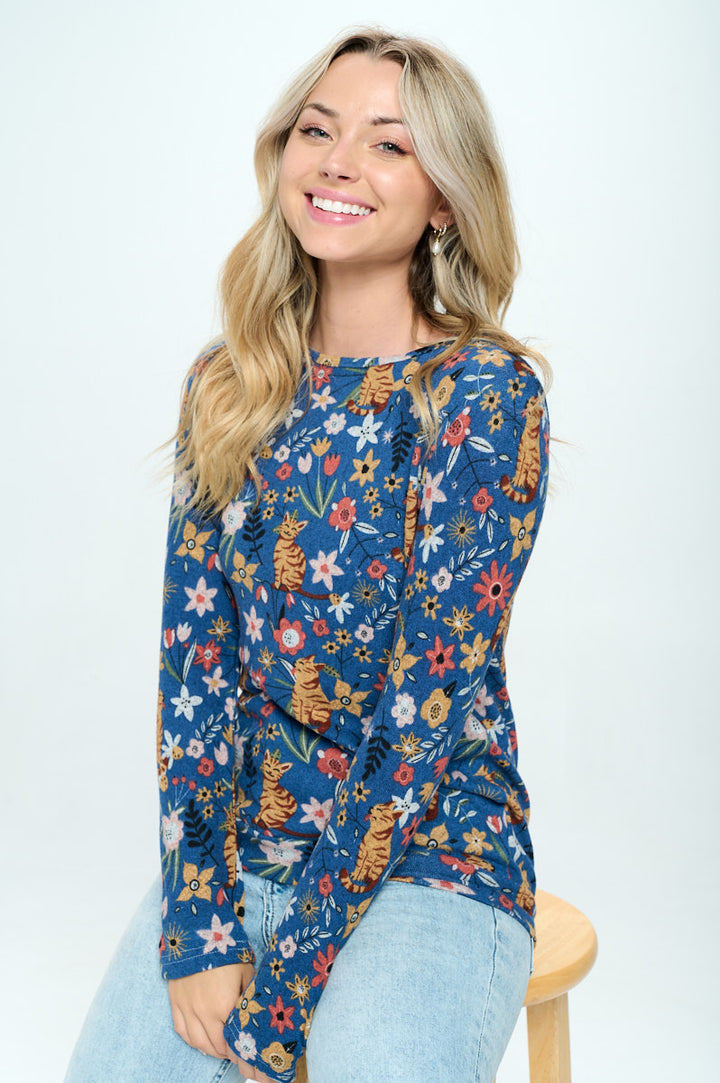Cat and Floral Print Long Sleeve Shirt