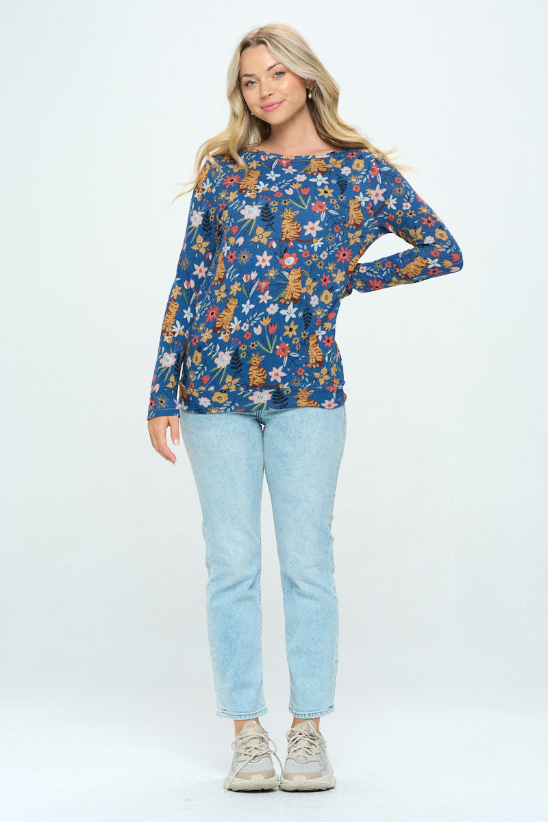 Cat and Floral Print Long Sleeve Shirt