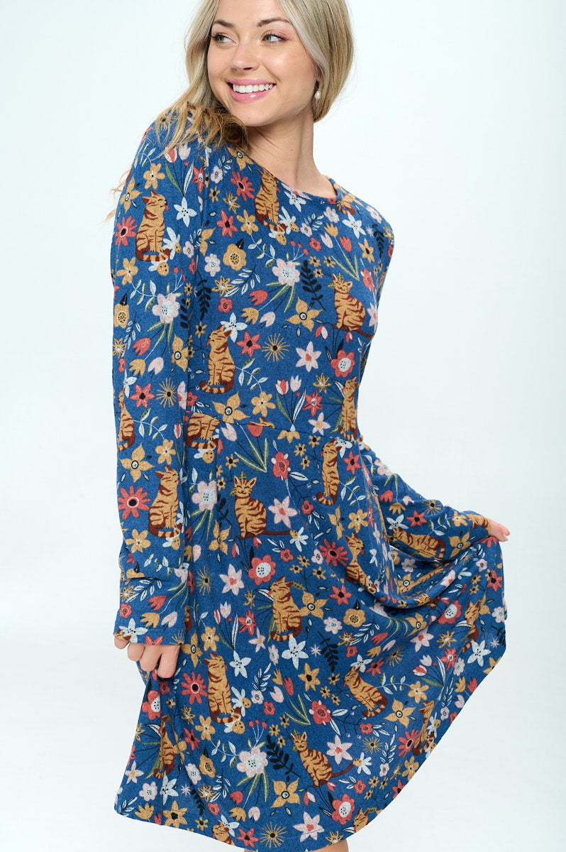 Cat and Floral Print Long Sleeve Dress