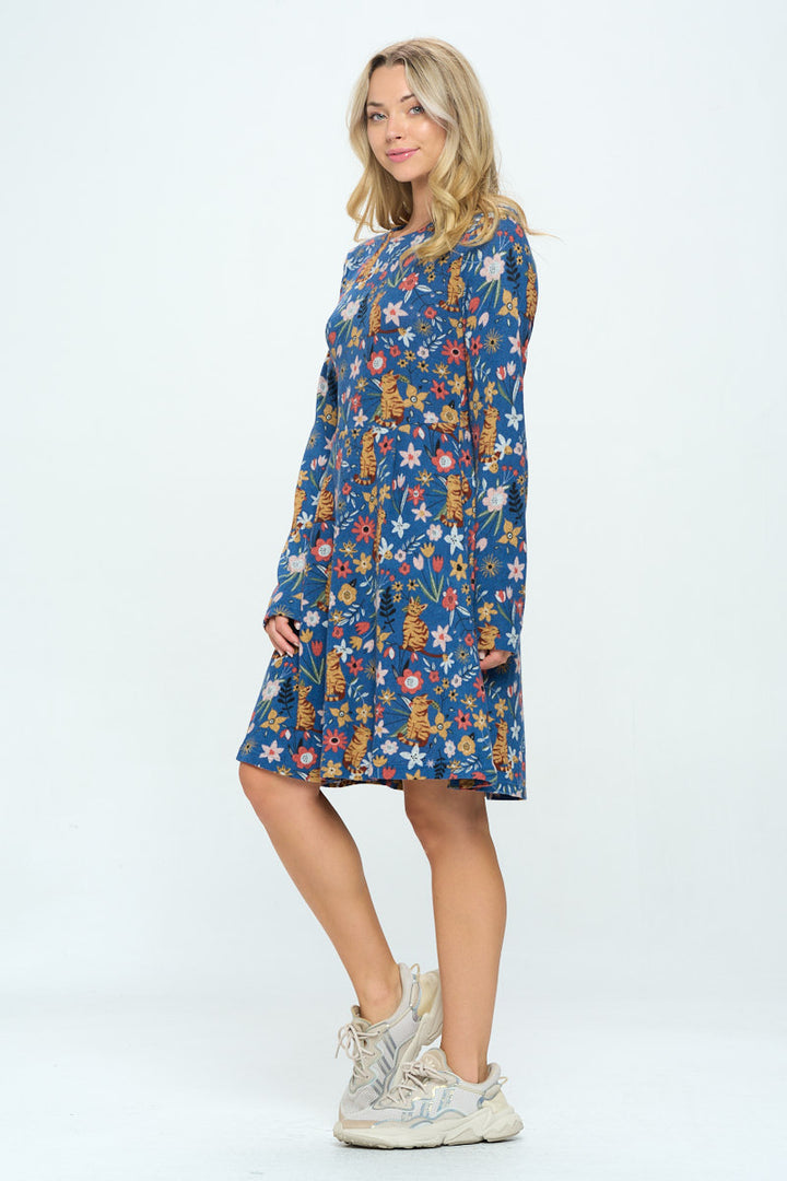 Cat and Floral Print Long Sleeve Dress