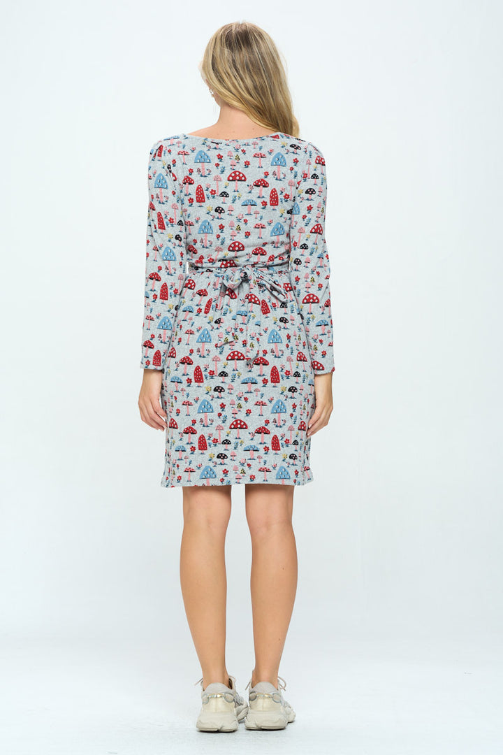 Mushroom and Floral Print Tunic Long Sleeved Dress