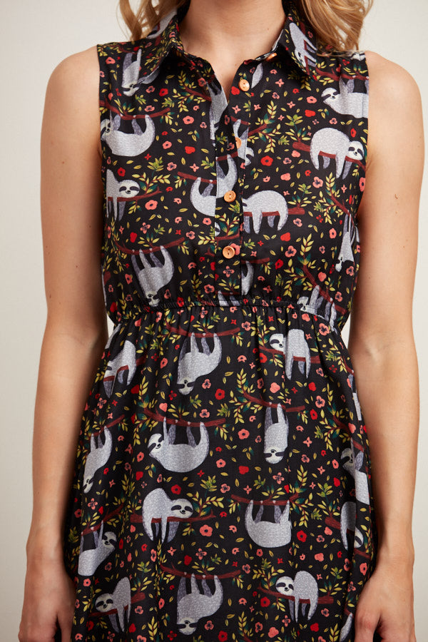 Sloth All Over Print Button Front Black Dress