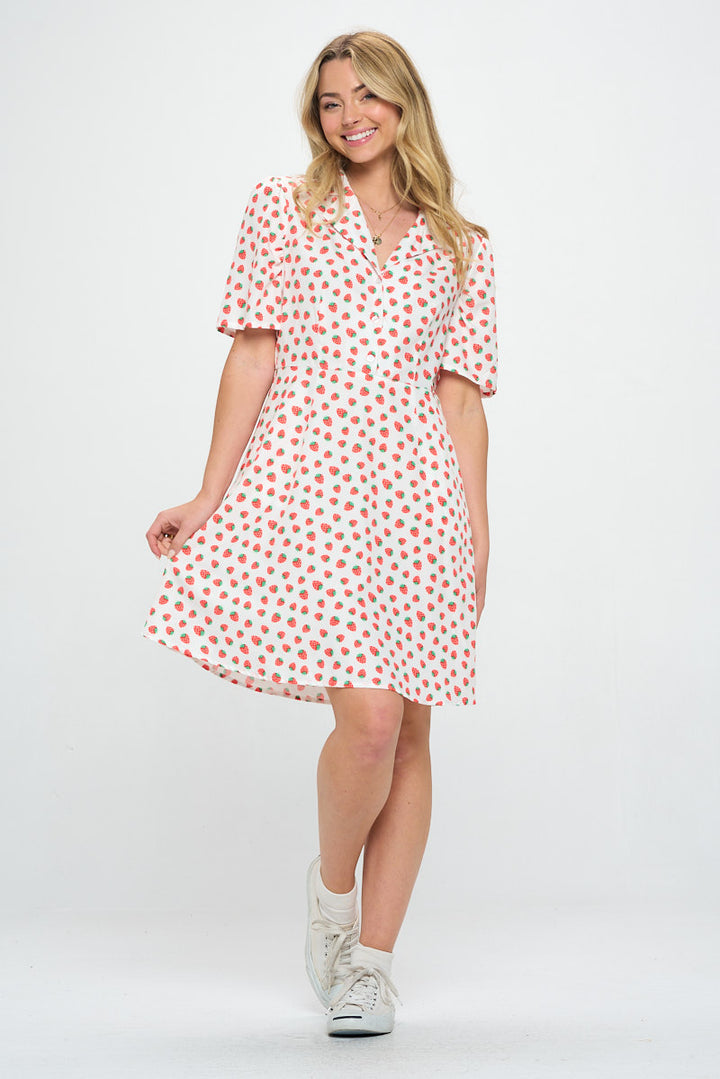 Strawberry All Over Print Button Front Dress