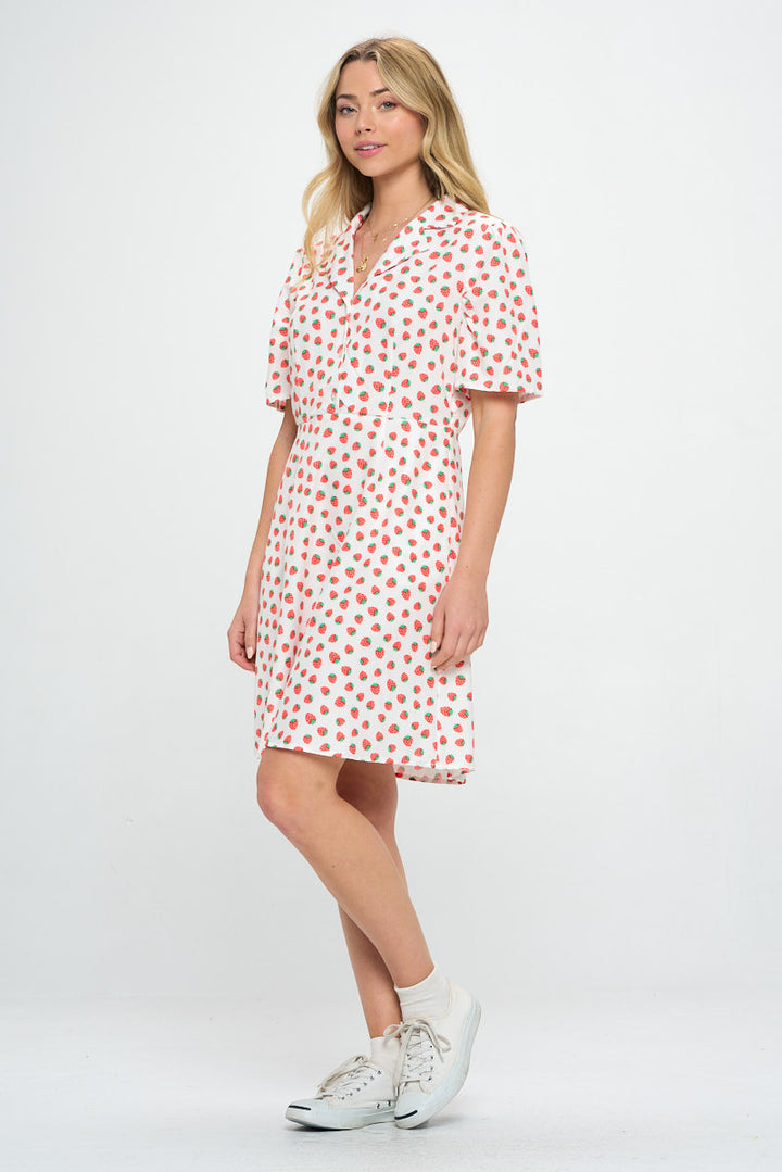 Strawberry All Over Print Button Front Dress