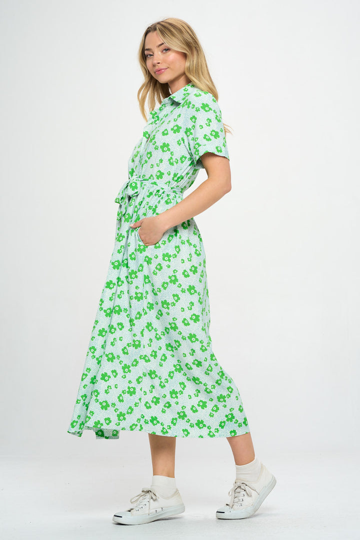 Waterlily All Over Print Button Front Midi Dress
